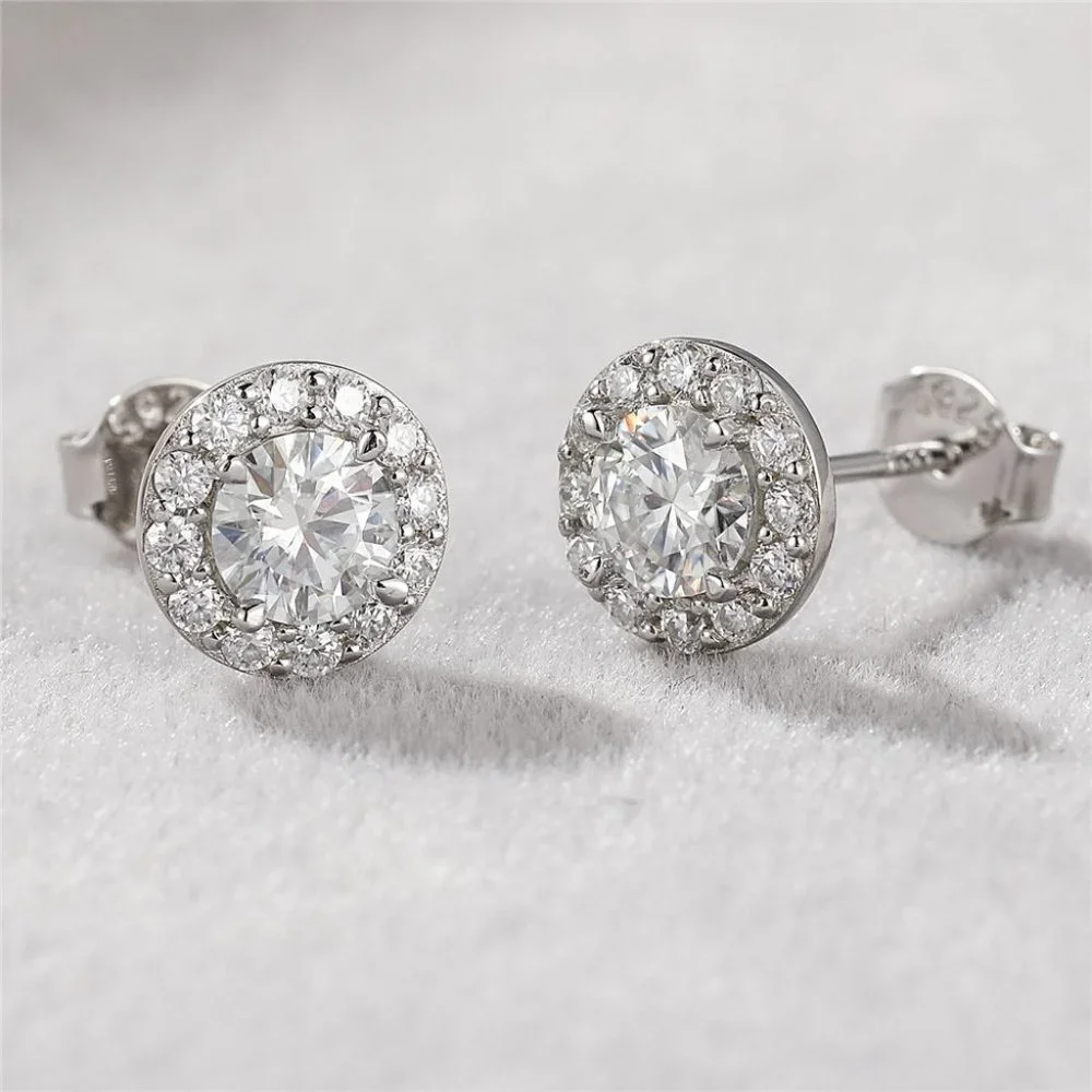 Certified 1ct. t.w. Moissanite Diamond Round Halo Stud Earrings NEW A